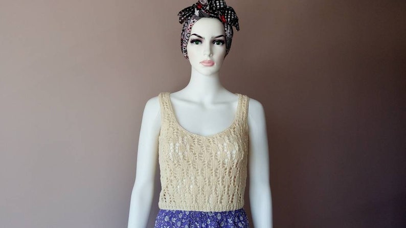 Tank top hand knit of cotton yarn. Cream Vanilla Ivory. Handmade image 7