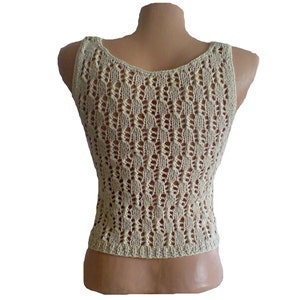 Tank top hand knit of cotton yarn. Cream Vanilla Ivory. Handmade image 3