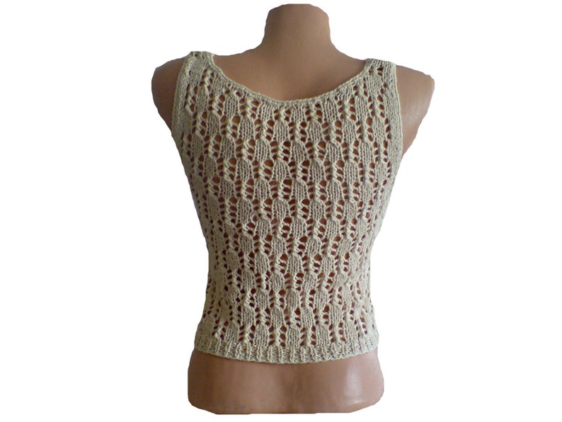 Tank top hand knit of cotton yarn. Cream Vanilla Ivory. Handmade image 3