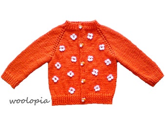 Orange Hand knitted baby cardigan. Hand knitted baby sweater. Hand knitted sweater, cardigan. Knit sweater. Knit jacket.