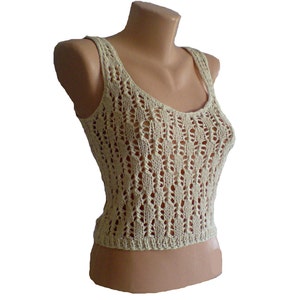 Tank top hand knit of cotton yarn. Cream Vanilla Ivory. Handmade image 2