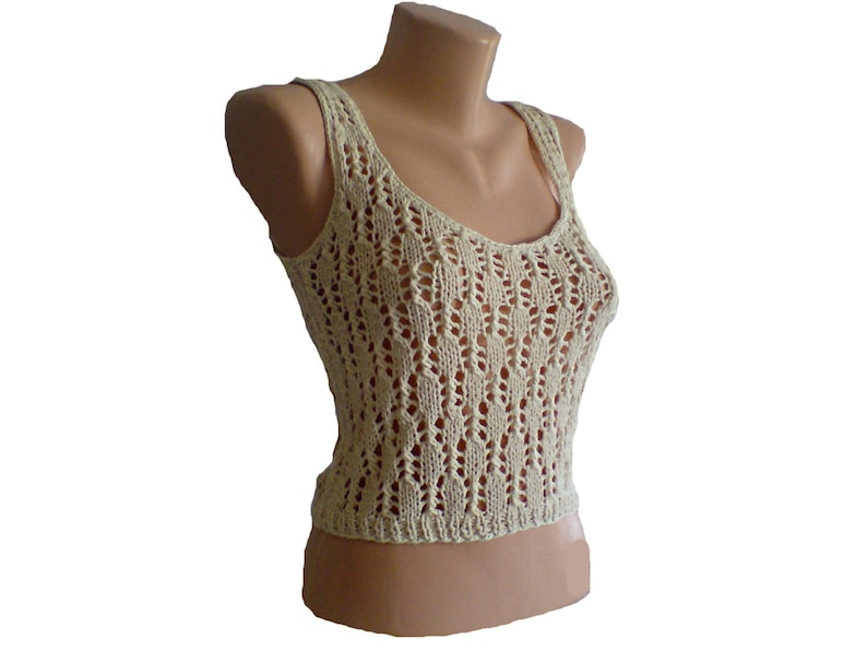 Tank top hand knit of cotton yarn. Cream Vanilla Ivory. Handmade image 2