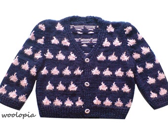 Hand-knitted Baby Cardigan, Dark Blue & Pink, Crochet Flowers