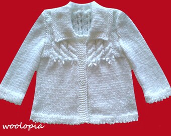 Hand Knitted Baby Cardigan, White Acrylic Sweater, Ribbon Bows