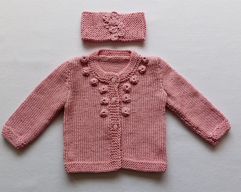 Hand Knitted Cotton Baby Cardigan, Crocheted Flowers