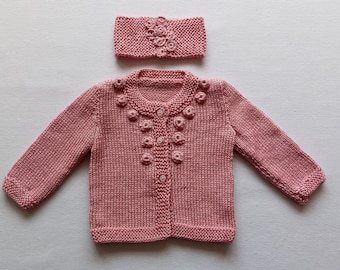 Pink Hand knitted baby cardigan of cotton yarn. Hand knitted baby sweater. Hand knitted sweater, cardigan. Knit sweater. Knit jacket.