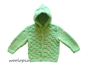 Baby hoodie, baby cardigan with hood in green and yellow. Handknit.
