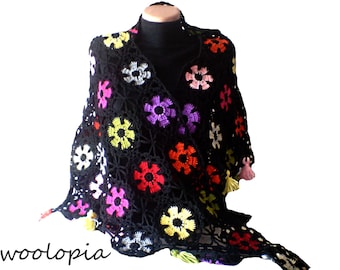 Hand Crocheted Flower Shawl: Colorful Wool Wrap, Bridal Stole