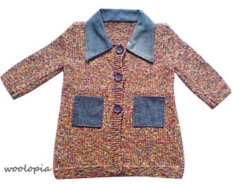 Handknit Baby Coat, Multicolor Acrylic Yarn with Denim Pockets, 6 Months