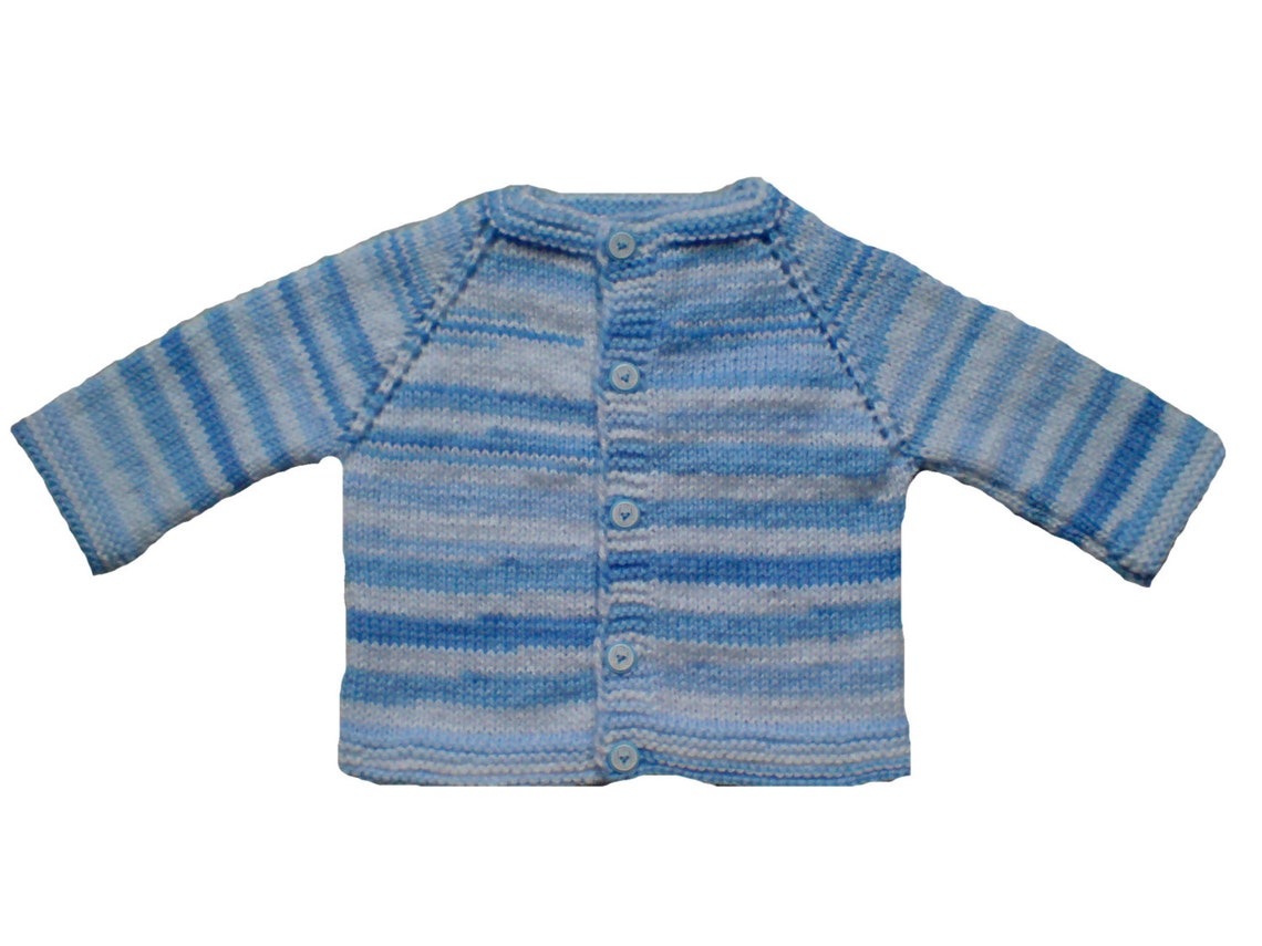 Blue & White Hand Knitted Baby Set. Newborn Hand Knit Clothing Set of Cardigan, Pants, Booties