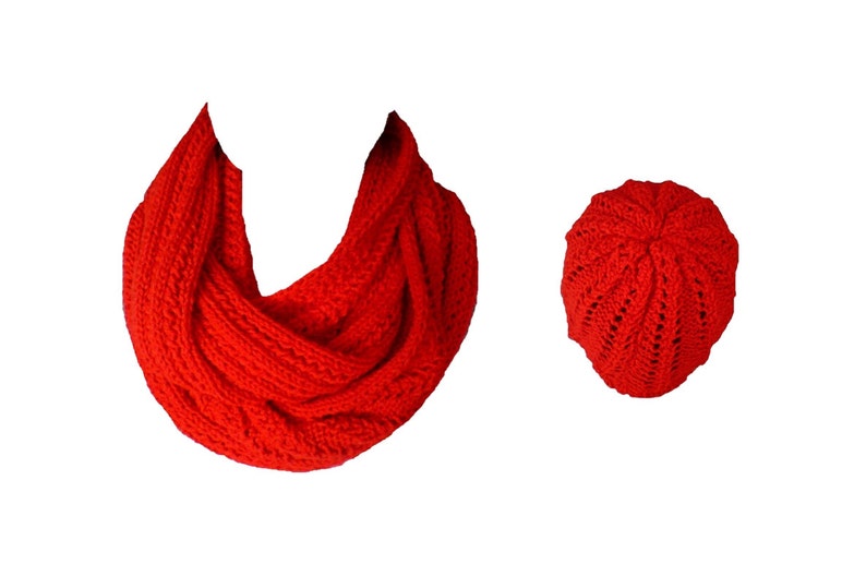 Chistmas gift. .Red Hand Knitted Infinity Scarf & Hat Set. Knit Cowl.. Winter Scarf. Chunky Scarf. Winter accessories. image 3