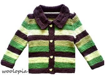 Hand Knitted Baby Cardigan, Green & Brown, Bear Buttons