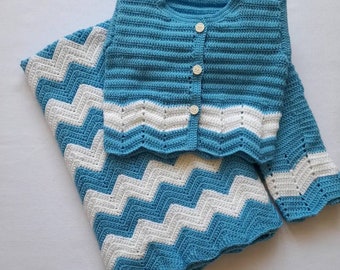 Handmade Crochet Baby Blanket, Cardigan & Pants Set, Blue White Acrylic