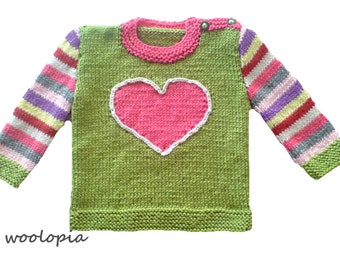 Hand Knit Baby Cardigan, Wool Sweater with Heart, 3-6 Months