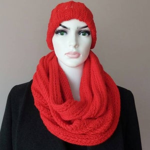 Chistmas gift. .Red Hand Knitted Infinity Scarf & Hat Set. Knit Cowl.. Winter Scarf. Chunky Scarf. Winter accessories. image 1