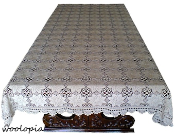 Handmade Ecru Crochet Tablecloth with Napkins, Cotton Floral Lace, 88x63 inch