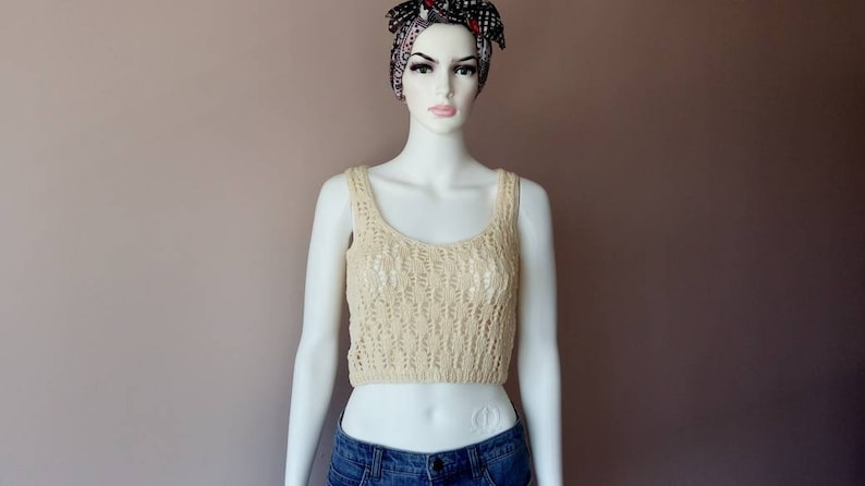 Tank top hand knit of cotton yarn. Cream Vanilla Ivory. Handmade image 6