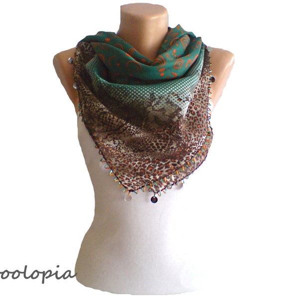 Brown, Green & Orange Scarf with handmade beadwork.  Ethnic scarf. Turkish scarf; Yemeni. Accessories. Women's Accessories.