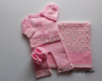 Handmade Crochet Baby Layette Set, Pink & White, Newborn Gift