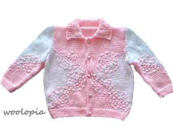 Hand Knitted Baby Cardigan, Pink & White Acrylic, 6-Months