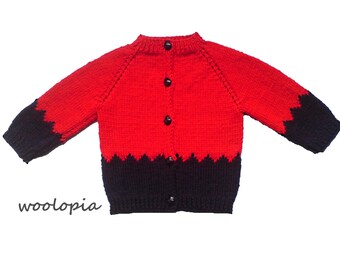 Handmade Knit Baby Cardigan: Red & Dark Blue, Crochet Flowers