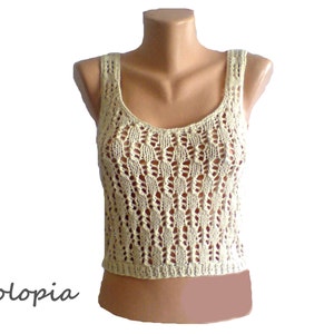 Tank top hand knit of cotton yarn. Cream Vanilla Ivory. Handmade image 1