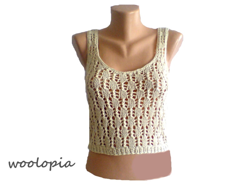 Tank top hand knit of cotton yarn. Cream Vanilla Ivory. Handmade image 1