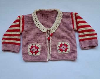 Handknitted baby cardigan,sweater.Handmade baby cardigan, pink baby jacket with crochet motifs.
