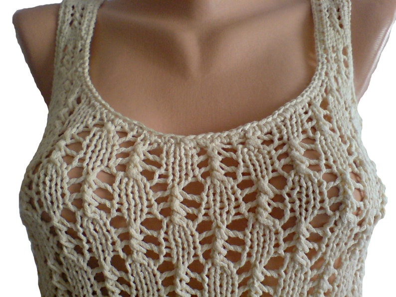 Tank top hand knit of cotton yarn. Cream Vanilla Ivory. Handmade image 4