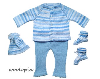 Blue & White Hand knitted Baby Set. Newborn hand knit clothing set of cardigan, pants, booties, hat. Newborn Unisex Outfit.