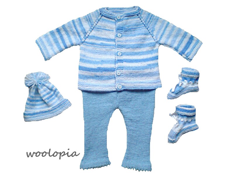 Blue & White Hand knitted Baby Set. Newborn hand knit clothing set of cardigan, pants, booties, hat. Newborn Unisex Outfit. image 1