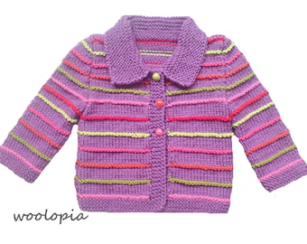 Hand Knitted Baby Cardigan, Purple Acrylic Sweater, Colorful Stripes