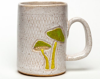 Handmade White Ceramic 16 oz Mug with Parrot Mushrooms