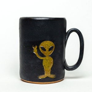Handmade Ceramic 16 oz Black Mug with an Alien
