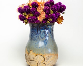 Handmade Ceramic Blue Vase with Flower Design