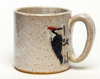 Handmade Ceramic White Woodpecker Mug 10 oz