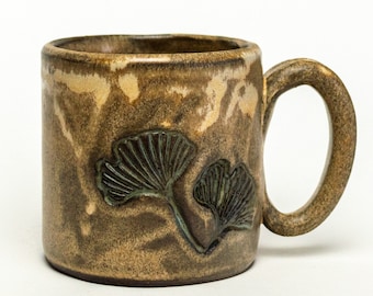 Ginkgo Leaf on Handmade Beige Glaze Chocolate Stoneware 10oz Mug