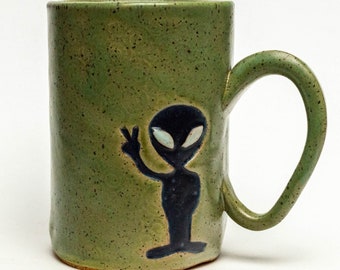 Handmade Ceramic 14oz Green Mug with a Black Alien