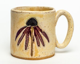 Handmade White Ceramic Mug with Purple Cone Flower