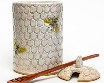 Handmade Ceramic White Honey Jar/Pot with Bees
