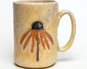 Handmade Ceramic 16 oz Beige Mug with a Orange Cone Flower