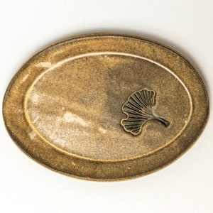 Handmade Beige Oval Ceramic Trinket Dish with Ginkgo Leaf