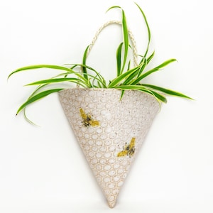 Handmade Ceramic White Wall Pocket with Bee Pattern / Wide