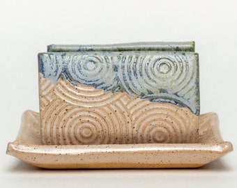 Handmade Ceramic Blue & White Kitchen Sponge Holder with a Spiral Pattern