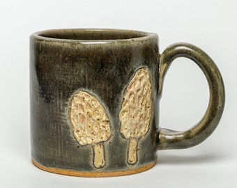 Handmade Gray Ceramic Mug with Morel Mushrooms