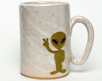 Handmade Ceramic 14 oz White Mug with a Green Alien