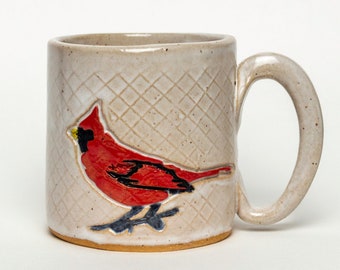 Handmade White Ceramic Mug with a Red Cardinal Bird