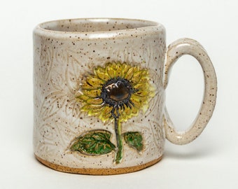 Handmade White Ceramic Mug with a Golden Sunflower