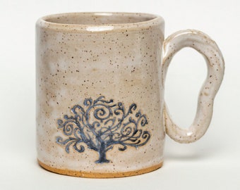 Handmade Ceramic White Mug with a Black Tree of Life