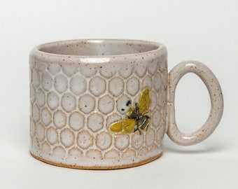 Handmade Ceramic White Honeycomb Mug with Honey Bees